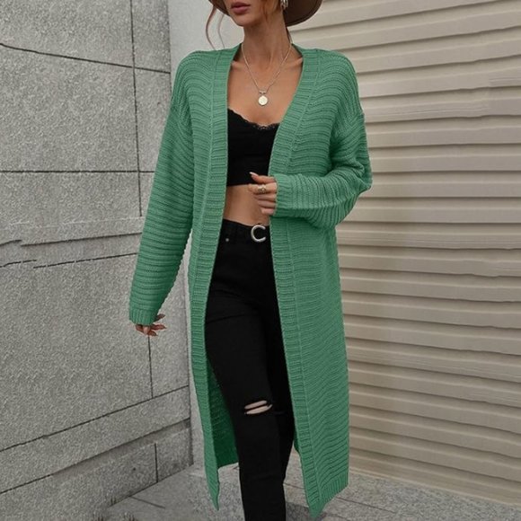 Sweaters - Sweet Mint Green Ribbing Dropped Shoulder Cardigan  -Large